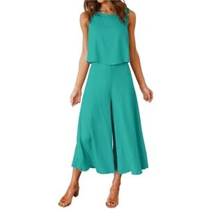 Women’s Two Piece Dress Pant Tank Sleeveless Outfit Wide Leg High Waisted Medium